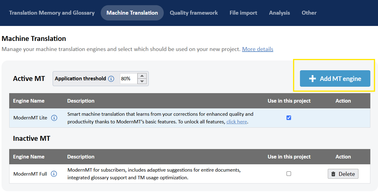 Available Machine Translation Providers