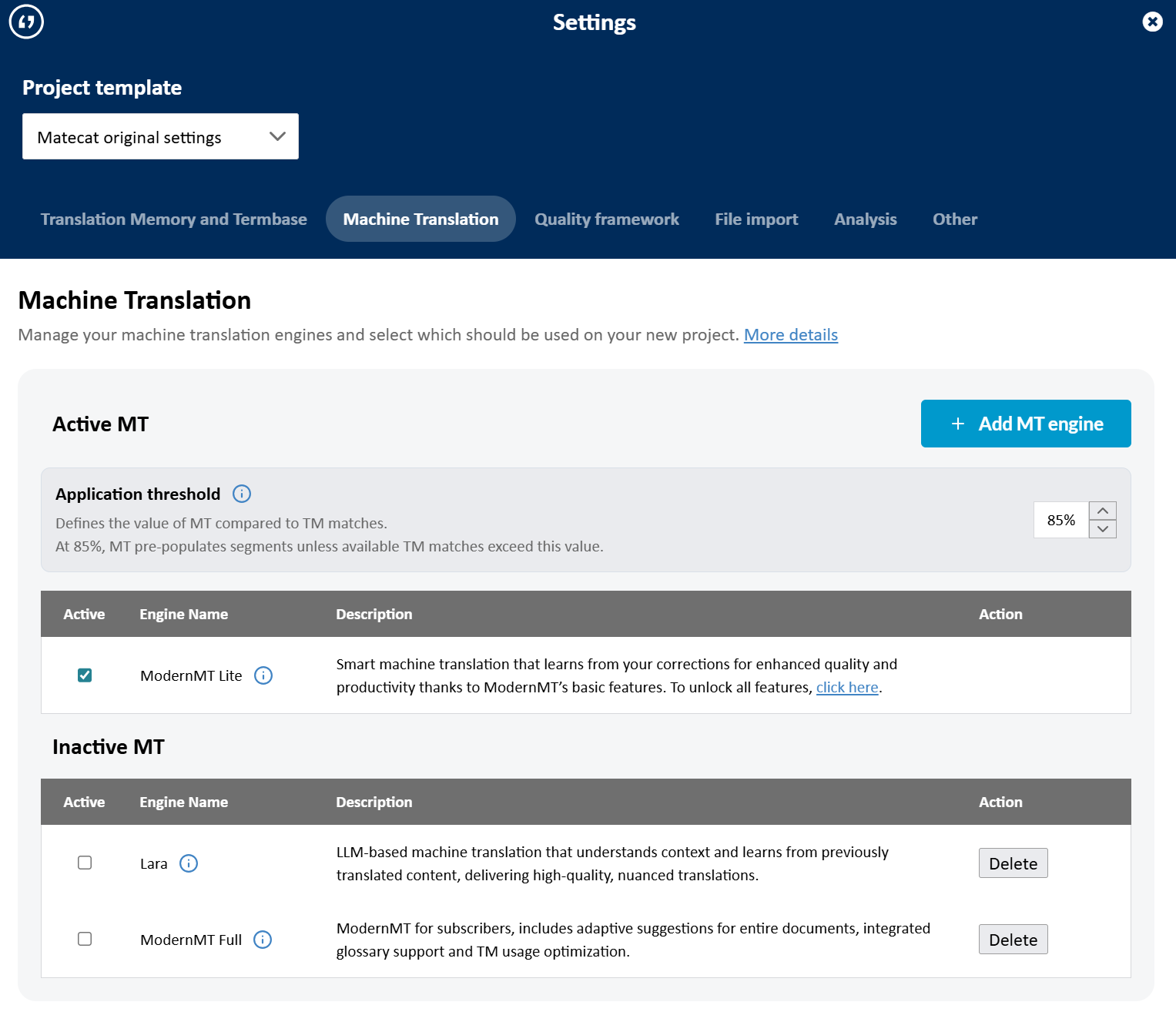 Machine Translation Settings