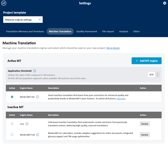 machine translation settings