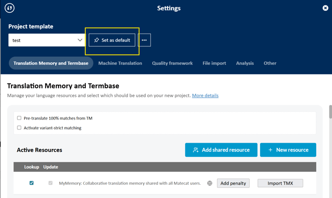 set as def proj templ